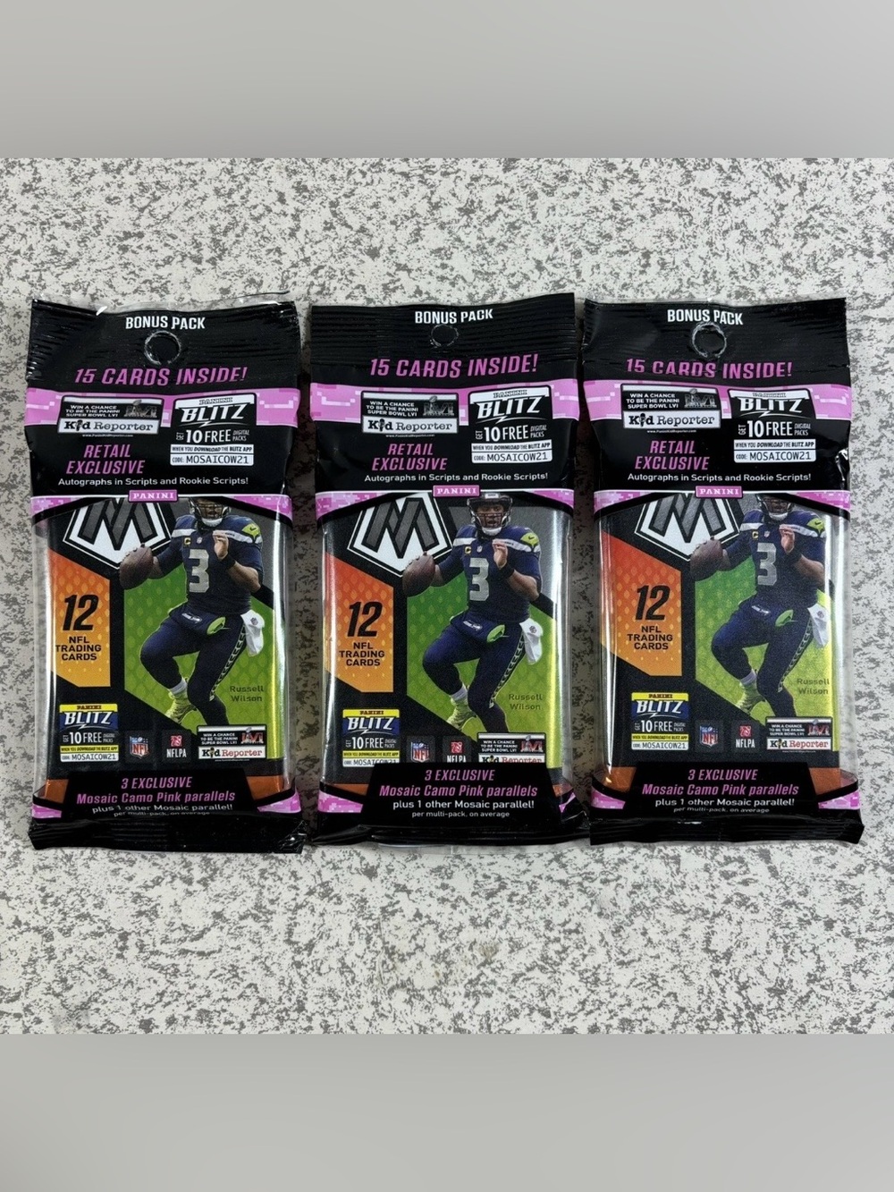 2021 Panini Mosaic Football 15 Card Cello Fat Pack Lot of 3 Camo Pink Parallels